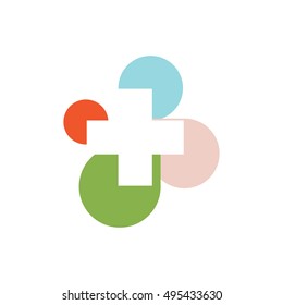 Isolated abstract colorful cross round medical logo. Religious sign. Doctor's office emblem. Ambulance label. First aid symbol. Plus button. Vector cross illustration