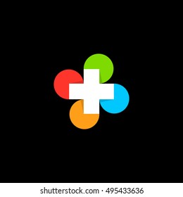 Isolated abstract colorful cross round medical logo. Religious sign. Doctor's office emblem. Ambulance label. First aid symbol. Plus button. Vector cross illustration