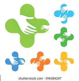 Isolated abstract colorful cross with two hands reaching each other logo set, medical element logotype collection on white background.