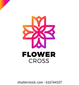 Isolated abstract colorful cross vector logo. Medical logotype. Flower petals illustration. Floral decorative element. Clinic and hospital emblem. Natural products icon.