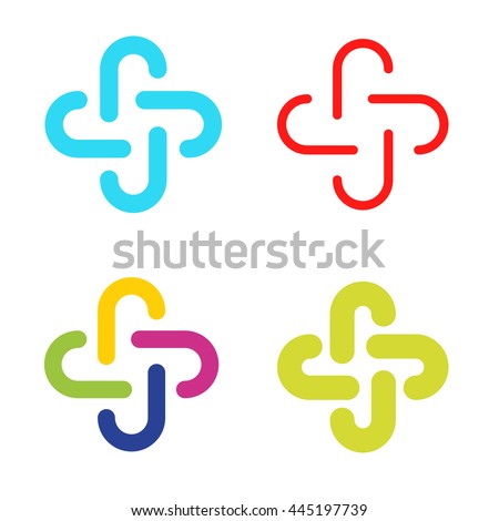 Isolated abstract colorful cross vector logo set. Outlined plus signs collection. Medical icons group,