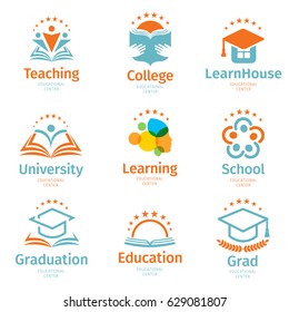 Isolated abstract colorful education and learn logo set, university and school books, graduate hats and human silhouettes logotypes collection on white background vector illustration. Teaching symbols
