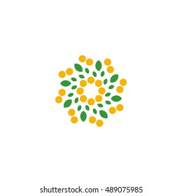 Isolated abstract colorful flower on the white background logo. Dotted floral petals logotype. Natural element sign. Spiral spring symbol. Vector illustration.