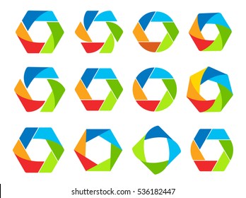 Isolated abstract colorful hexagon and round shape logo collection. Geometric logotypes set on white background. Photo lens elements vector illustration