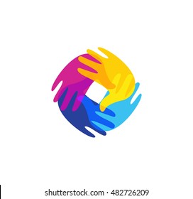 Isolated Abstract Colorful Human Hands Together Logo. Kids Playroom Logotype. Kindergarten Sign. Children Handprints In Paint Symbol. Art School Emblem. Vector Illustration.