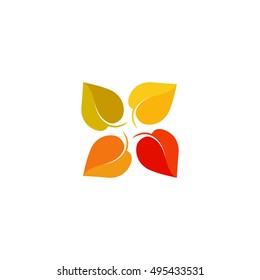 Isolated abstract colorful leaves logo. Foliage cross logotype. Autumn sign. Fall symbol. Air conditioning system icon. Natural environment element emblem. Vector leaves illustration