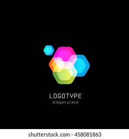 Isolated abstract colorful polygons vector logo. Geometric shapes logotype on the black background. Gemstones illustration. Luxury jewelry store sign. Accessories icon.
