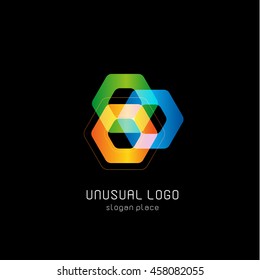 Isolated abstract colorful polygons vector logo. Geometric shapes logotype on the black background. Repairman equipment icon. Screw illustration.