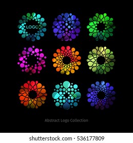 Isolated abstract colorful round shape dotted logo collection. Flower logotypes set. Floral icons on black. Virus signs. Bright fireworks emblems. Unusual microorganisms. Vector sun illustration