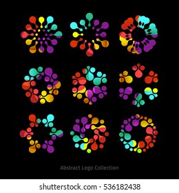 Isolated abstract colorful round shape dotted logo collection. Flower logotypes set. Floral icons on black background. Bright fireworks vector illustration