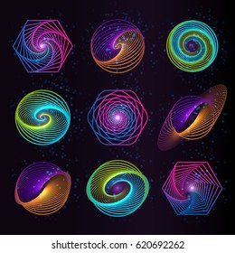 Isolated abstract colorful round shape logos set, space elements, swirl logotypes collection, planets icons on black background vector illustration.