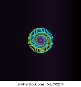 Isolated abstract colorful round shape logo, space element, swirl logotype, planet icon on black background vector illustration