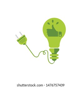 Isolated abstract creative business idea, bulb design hand with thumb up with electric pug head flat green. Icon concept shining light bulb illustration, sign, symbol bulb light, Vector llustration 