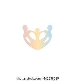 Isolated abstract crown vector logo. Pink, yellow, blue color accessories element logotype. Royal family attribute in a shape of a heart. Jewelry store label.