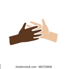 Isolated abstract dark and light skin human hands together logo. Black and white people friendship logotype. Give five gesture. Interracial help sign. Equal rights symbol. Vector illustration.
