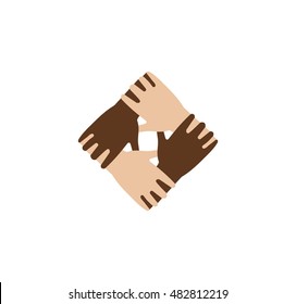 Isolated abstract dark and light skin hands together logo. Black and white people friendship logotype. Equal rights sign. Help and support icon.Vector illustration