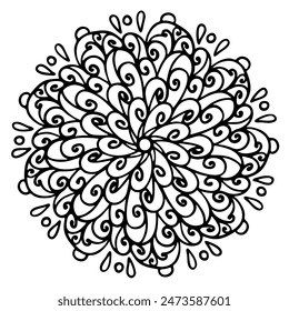 Isolated abstract decorative mandala. Black and white hand drawn vector illustration for coloring book, art therapy. Also suitable for logo design.