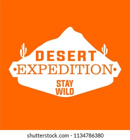 Isolated abstract desert logo in orange background for tourism organizations, outdoor events and camping leisure. Showing sand dune and cactus
