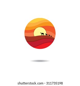 Isolated abstract desert logo in white background. showing sand dune, sun and camels