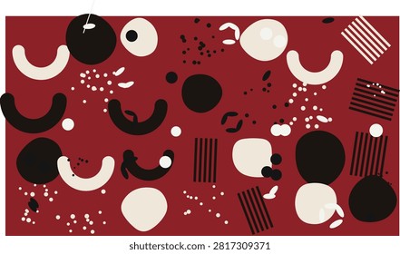 Isolated abstract design featuring stylized red faces with black and white eyes arranged in a playful pattern on a white background.