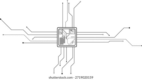 Um chip ou semicondutor de IA digital abstrato isolado com fios da placa de circuito e componentes eletrônicos.