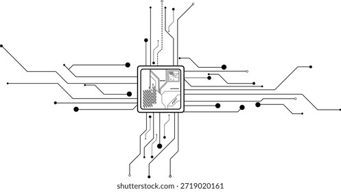 Um chip ou semicondutor de IA digital abstrato isolado com fios da placa de circuito e componentes eletrônicos.