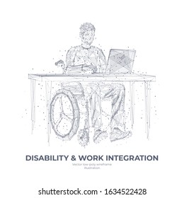 Isolated abstract digital young disabled in wheelchair working with laptop in the internet. Technology innovation healthcare white background. Polygons, lines, particles and connected dots.