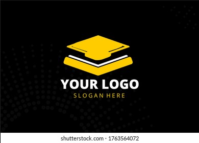 Isolated abstract education Logogram for your school, education, study group, business, and many more. in graduation hat and book design concept with orange, white, and black color.