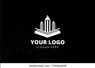 Isolated abstract education Logogram for your school, education, study group, business, and many more. in white and black color and three pencil and book logo concept