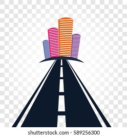Isolated abstract empty highway with dividing marking and colorful cityscape on checkered background vector illustration