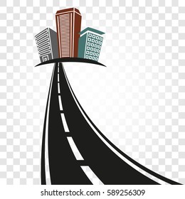 Isolated abstract empty highway with dividing marking and colorful cityscape on checkered background vector illustration