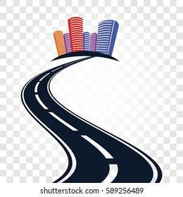 Isolated abstract empty highway with dividing marking and colorful cityscape on checkered background vector illustration