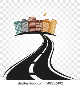Isolated abstract empty highway with dividing marking and colorful cityscape on checkered background vector illustration