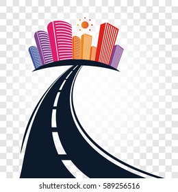 Isolated abstract empty highway with dividing marking and colorful cityscape on checkered background vector illustration