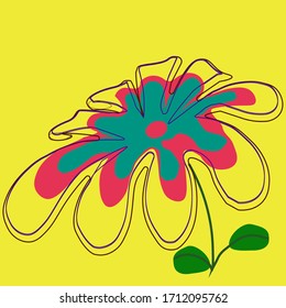 An isolated, abstract flower, daisy, consists of several colors, pink, blue, green, on a bright yellow background, in a modern designer design.Suitable for textiles and wall prints.