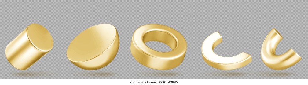 Isolated abstract geometric gold 3d shape vector object. Realistic golden cylinder and ring element on transparent background. Creative trendy geometry figure icon. Minimal half sphere and pipe set