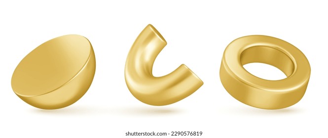 Isolated abstract geometric gold 3d shape vector object. Realistic golden torus and ring element on white background. Creative trendy geometry figure icon. Minimal half sphere and pipe set