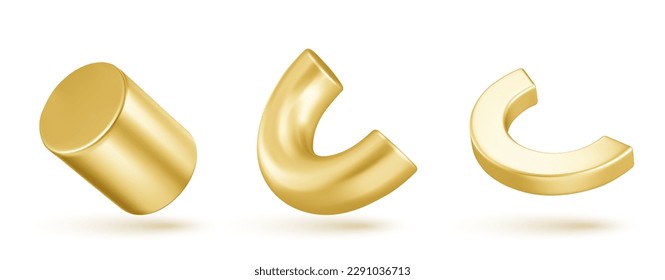 Isolated abstract geometric gold 3d shape vector object. Realistic golden cylinder and half torus element on white background. Creative trendy geometry figure icon. Minimal basic pipe set