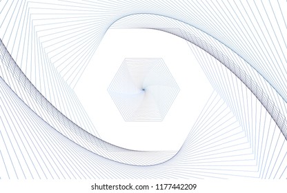 Isolated, Abstract Geometric Swirl Background Wallpaper Design Vector Graphic, Dark Blue on White, Hexagon Shape, Line Iterations, Expanding, Modern, Digital, Techie