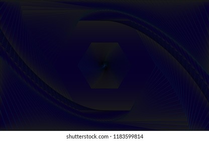 Isolated, Abstract Geometric Swirl Background Wallpaper Design Vector Graphic, Blue on Black, Hexagon Shape, Line Iterations, Expanding, Modern, Digital, Techie, Digitize,Swirl, Math, Permutation