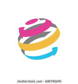 Isolated abstract globe logo from color arrows. Social network and travel companies label