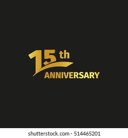 Isolated abstract golden 15th anniversary logo on black background. 15 number logotype. Fifteen years jubilee celebration icon. Fifteenth birthday emblem. Vector illustration