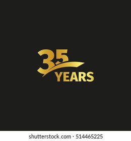 Isolated abstract golden 35th anniversary logo on black background. 35 number logotype. Thirty-five years jubilee celebration icon. Thirty-fifth birthday emblem. Vector illustration