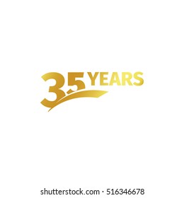 Isolated abstract golden 35th anniversary logo on white background. 35 number logotype. Thirty-five years jubilee celebration icon. Birthday emblem. Vector illustration