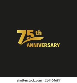 Isolated abstract golden 75th anniversary logo on black background. 75 number logotype. Seventy-five years jubilee celebration icon. Birthday emblem. Vector illustration