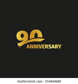 Isolated abstract golden 90th anniversary logo on black background. 90 number logotype. Ninty years jubilee celebration icon. Nintieth birthday emblem. Vector illustration