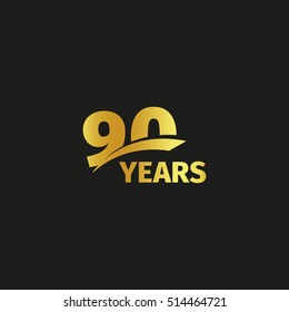 Isolated abstract golden 90th anniversary logo on black background. 90 number logotype. Ninty years jubilee celebration icon. Nintieth birthday emblem. Vector illustration