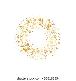 Isolated abstract golden circle logo. Round shiny luxurious brilliant triangles logotype. Glittering star dust icon. Festive glossy christmas wreath. Vector confetti illustration on white background
