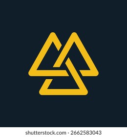 Isolated abstract golden color triangles contour logo on black background