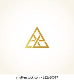 Isolated abstract golden color triangles contour logo on black background, geometric triangular shape logotype, gold luxury decoration vector illustration.